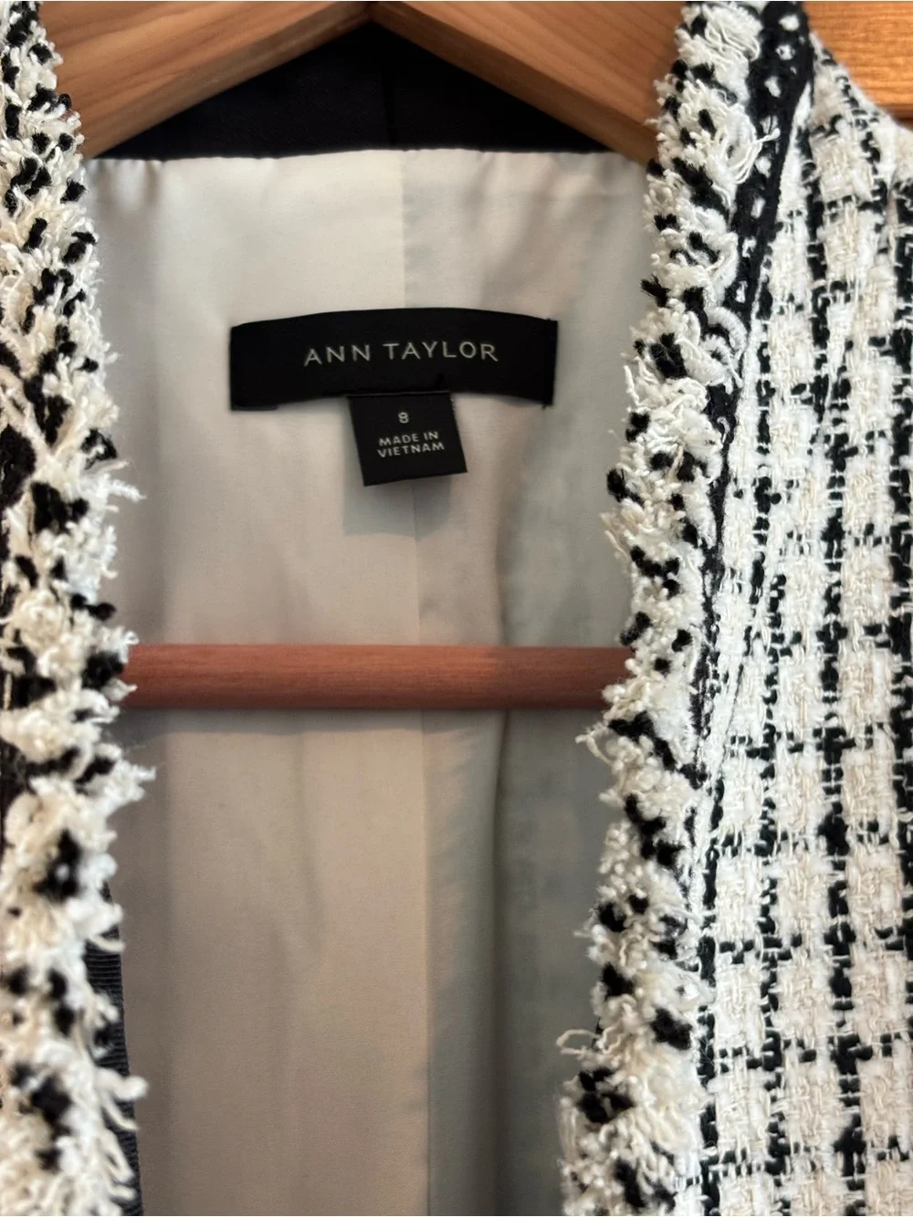Ann Taylor Black and White Tweed Fringe-Trim Open Blazer